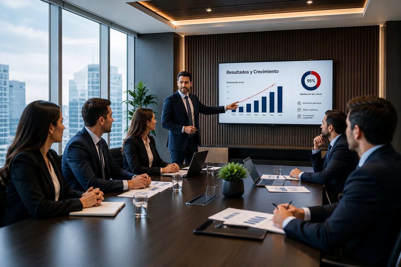 Sesión de consultoría empresarial en sala de juntas